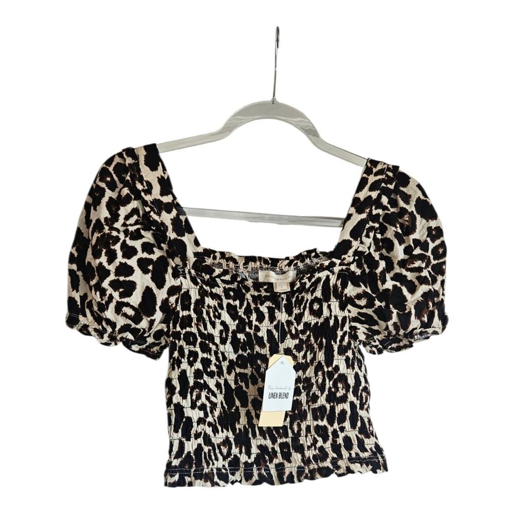 NWT Monteau Puff Sleeve Smocked Crop Top Leopard Print Square Neck Womens SM